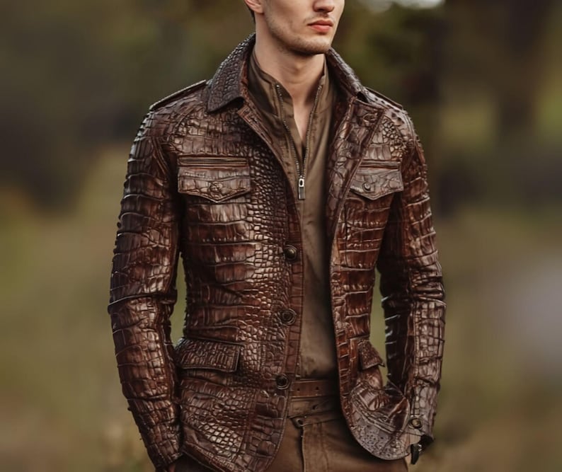 Crocodile Embossed Brown Leather Jacket for Men – Premium Textured Croc Pattern Tailored Fit Jacket {FREE GIFT}