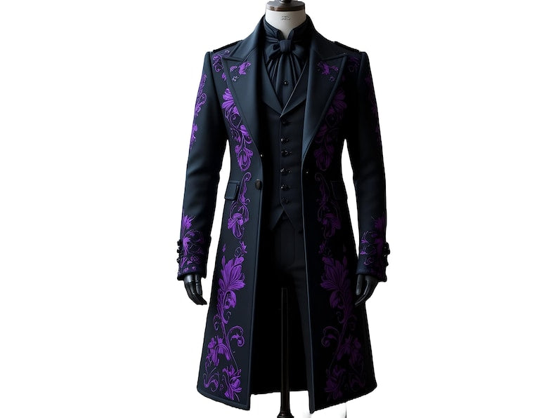 Royal Midnight Embroidered Black Leather Long Coat – Gothic Purple Floral Aristocrat Trench for Men {FREE GIFT}