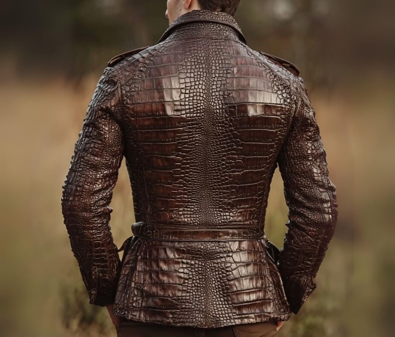 Crocodile Embossed Brown Leather Jacket for Men – Premium Textured Croc Pattern Tailored Fit Jacket {FREE GIFT}