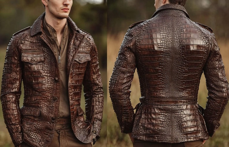 Crocodile Embossed Brown Leather Jacket for Men – Premium Textured Croc Pattern Tailored Fit Jacket {FREE GIFT}