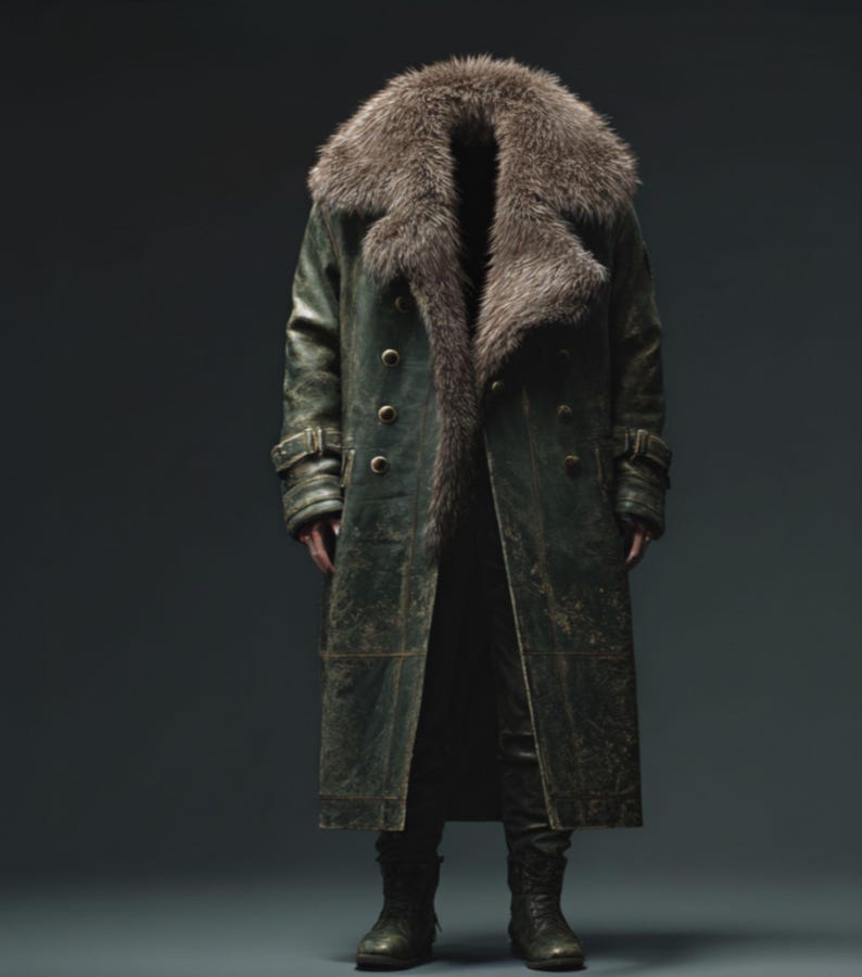 Arctic Heritage Fur Collar Leather Coat – Vintage Green Double Breasted Long Leather Coat with Oversized Fur Collar {FREE GIFT}