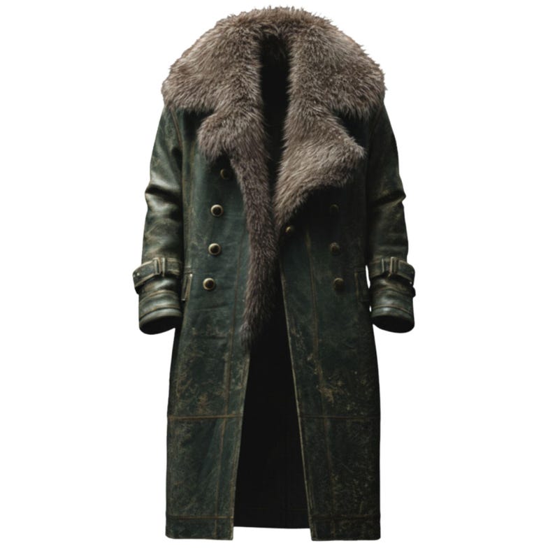Arctic Heritage Fur Collar Leather Coat – Vintage Green Double Breasted Long Leather Coat with Oversized Fur Collar {FREE GIFT}