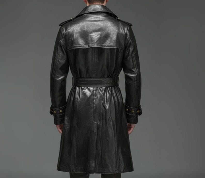 Midnight Commander Black Leather Trench Coat for Men – Double Breasted Luxury Long Leather Overcoat with Belt {FREE GIFT}