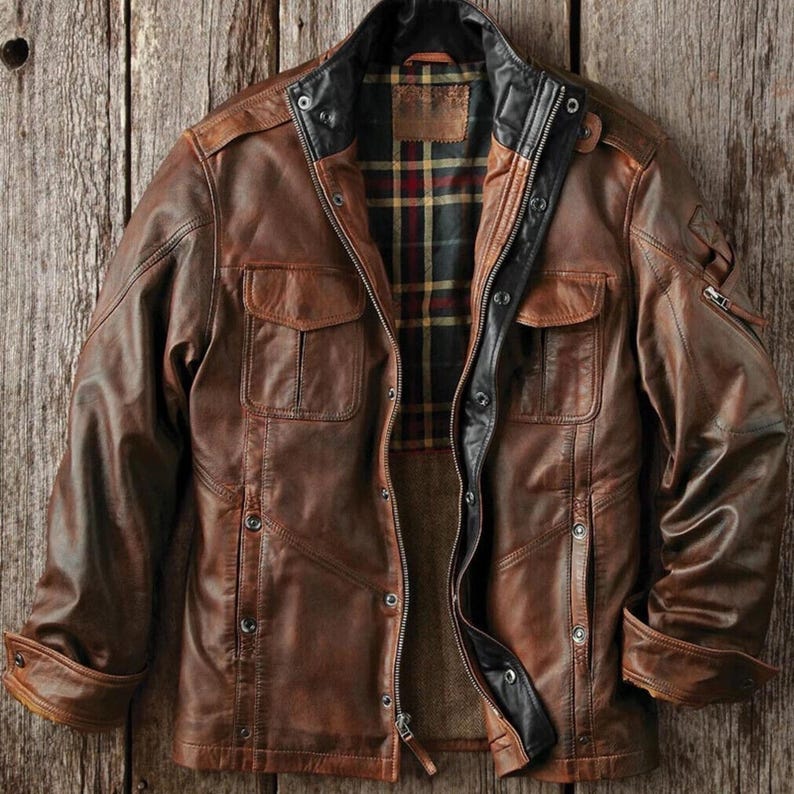 Heritage Brown Leather Jacket for Men – Vintage Rugged Workwear Style Utility Leather Coat {FREE GIFT}